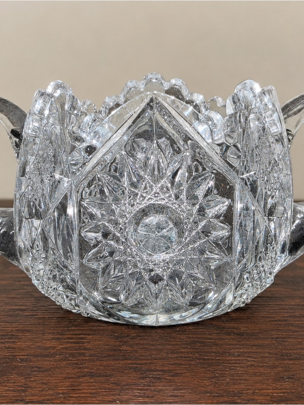 Vintage Brilliant Cut Crystal Open Sugar Bowl Double Handle Sawtooth Rim